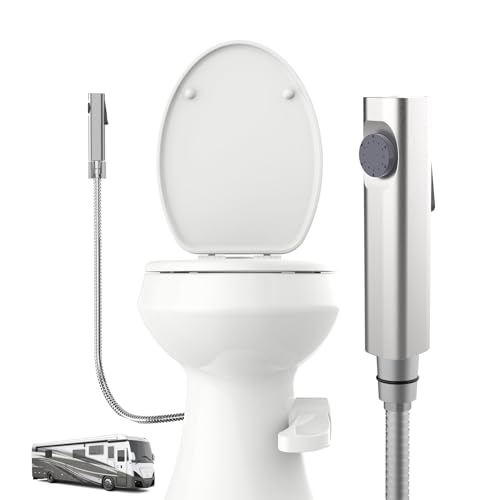 RV Bidet Sprayer, RV Handheld Bidet with Water Hose & RV Fitting, Wall-Mount Toilet Sprayer for Motorhomes, Fifth Wheels, Trailers & Campers Toilet (Brushed)