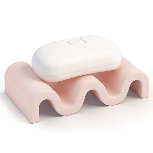 Diatomite Soap Dish Bar Soap Holder Wave Texture Sponge Tray, Pink | Quick Drying, Self Draining Design Helps Keep Bar Soap Dry for Bathroom Sink, Shower & Kitchen - color: Pink