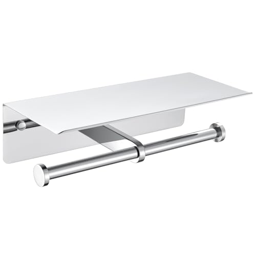 APLusee Polished Chrome Double Toilet Paper Holder with Shelf, Wall Mounted | 304 stainless steel, rustproof for bathroom, restroom, powder room, kitchen, 2-in-1 functional paper roll & phone storage - color: Polished Chrome, size: Double Rod