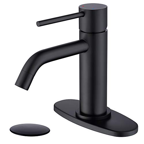 Matte Black Bathroom Faucet Single Hole, JXMMP Single Handle Bathroom Sink Faucets with Pop Up Drain and 6 inch Deck Plate and cUPC Water Supply Hose - color: Black, size: Faucet with Deck Plate