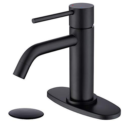 Matte Black Bathroom Faucet Single Hole, JXMMP Single Handle Bathroom Sink Faucets with Pop Up Drain and 6 inch Deck Plate and cUPC Water Supply Hose - color: Black, size: Faucet with Deck Plate