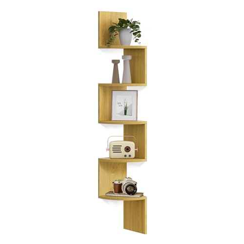 VASAGLE CUSTOS Collection - Corner Shelf Wall Mount, 5-Tier Floating Corner Bookshelf, Plant Shelf for Bedroom, Living Room, Bathroom, Home Office, Natural Oak ULBC072Y70 - color: Natural Oak