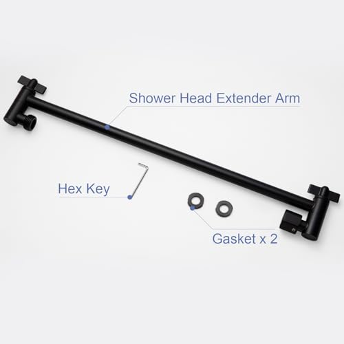 OFFO Shower Head Extension Arm, 16 in Shower Extension Arm with Locking Nut, Adjustable Height and Angle Shower Arm Extender, Universal G1/2 Connector for Fixed and Handheld ShowerHead, Matte Black - color: Matte Black, style: 16 in