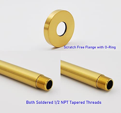 Shower Arm and O-Ring Flange, 3 inch, Solid Brass, Round, Both Soldered 1/2 NPT Tapered Threads, Straight Shower Arm Extension, Ceiling Shower Head Arm for Rainfall Shower (Brushed Gold) - color: Brushed Gold