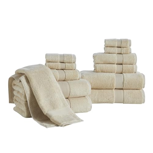 Luxury Cotton & Rayon from Bamboo Towel Set of 12 (Bath Towels 28x54, Hand Towels 16x28, Washcloths 12x12) – Ultra Soft, Absorbent & Quick Drying – Multiple Colors (Beige) - color: Beige