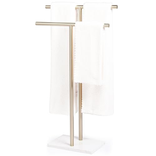 Free Standing Towel Rack for Bathroom - Satin Gold Finish - Stand Alone 2 Tier Stainless Steel Towel Rack for Bathroom Floor with Heavy Marble Base, Double T Shape Drying Stand for Towels - color: Gold