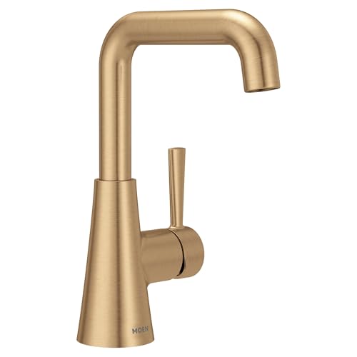 Moen Ronan Bronzed Gold Double Bend Single Hole Modern Bathroom Sink Faucet with Optional Deckplate and Spring Loaded Drain Assembly, 84024BZG - color: Bronzed Gold, style: Single Handle