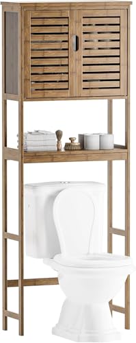 SMIBUY Bathroom Storage Shelf with Cabinet, Bamboo Over-The-Toilet Organizer Rack, Freestanding Toilet Space Saver with 3-Tier Adjustable Shelves (Walnut) - color: Walnut