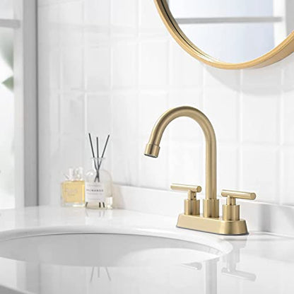 Gold Bathroom Faucet, 2 Handle 4 Inch Centerset Sink Faucet with Drain | Yardmonet Brushed Gold Bathroom Sink Faucet, 2-Handle Stainless Steel Vanity Faucet with Pop-Up Drain and Supply Lines - color: Brushed Gold