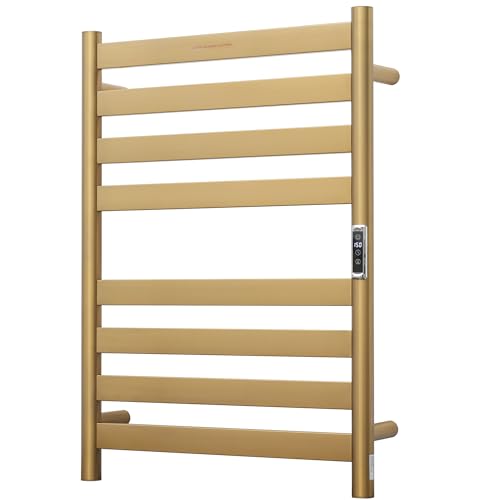 Heated Wall Mounted Electric Towel Warmer Rack,Timer & Temperature Control, 8 Bar Stainless Steel Towel Heater for Bathroom, Brushed Gold, Plug-in(27.56x19.69x4.41in) - color: Brushed Gold, size: 8 Bars