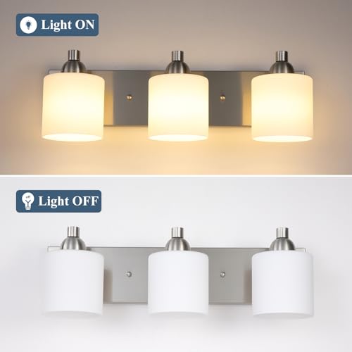 Mecgirn Stainless Steel Milk Glass Bathroom Vanity Light Over Mirror, 3 Light Brushed Nickel Bathroom Light Fixtures with Frosted Glass, Modern Vanity Lighting Wall Mount - color: Brushed Nickel, size: 3 Light