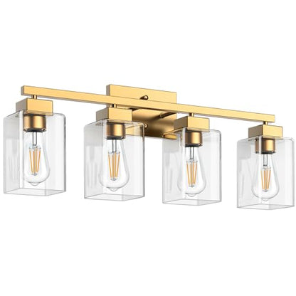 4-Light Bathroom Light Fixtures, Brushed Gold Modern Vanity Lights, Bathroom Lighting Fixtures Over Mirror, Square Design Farmhouse Wall Sconces with Clear Glass Shades - color: Brushed Gold, size: 4-Light