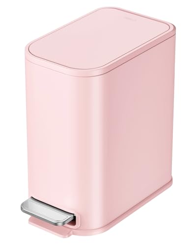 Cesun Small Bathroom Trash Can with Lid Soft Close & Pedal, 1.3 Gal, Pink | Removable Inner Bucket, Slim Stainless Steel Garbage Can for Bedroom/Office, Included 5 Trash Bags, Hidden Bag, Built to Last - color: Pink