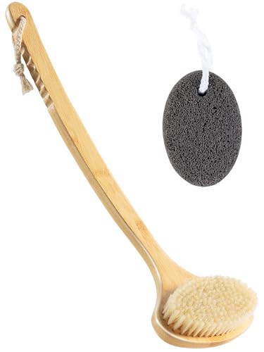 Bamboo Bath Brush with Curved Long Handle, Natural Bristle Back Scrubber for Shower, Exfoliating Body Brush for Wet or Dry Use, Anti-Slip Design for Gentle Deep Cleaning, Wood Color - color: Wood Color