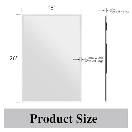 Frameless Bathroom Mirror, 18" x 26" Beveled Wall Mirror | 5mm HD glass, 20mm beveled edge, frameless, anti-rust, shatterproof, french cleat, horizontally or vertically - size: 18"L x 26"W