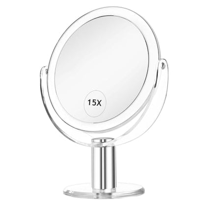 CLSEVXY Vanity Mirror Makeup Mirror with Stand, 1X/15X Magnification Double Sided 360 Degree Swivel Magnifying Mirror, 7.4 Inch - size: 10.2"L x 7.4"W
