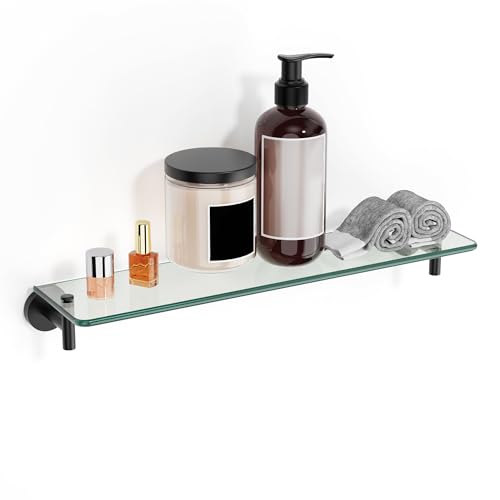 Glass Shelves for Bathroom,16-Inch Matte Black Floating Bathroom Shelf Stainless Steel Tempered Glass Shelf Modern Shelves wall Mounted - color: Matte Black, size: 16"without railing