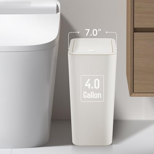 TIPGO Bathroom Trash Can with Lid, 4 Gallon / 15 Liter Small Garbage Can, Press Top Bin, Plastic Wastebasket with Pop-Up Lid for Bedroom, Living Room, Office (White, 2 Pack) - color: White, 2 Pack