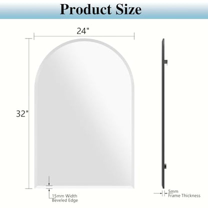 Frameless Bathroom Mirror, 24"x32" Beveled Arched Vanity Mirrors | Frameless, 15mm beveled edge, 5mm HD glass, shatterproof, anti-rust, french cleat, for bathroom/bedroom/entryway - size: 24"L x 32"W