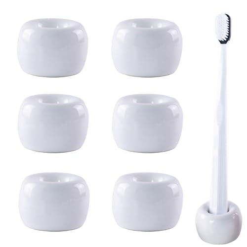 NiuYichee Set of 6 Sleek Mini Ceramics Toothbrush Holder, Small Ceramic Ring, Perfect Size for Bathroom Vanity Countertops - color: White