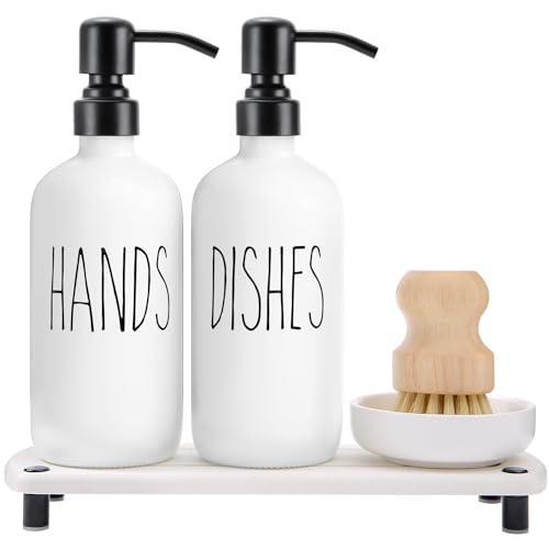 MOMEEMO White Soap Dispenser Set Comes with Stainless Steel Pumps | Instant Dry Tray and Dish Scrub Brush, Suitable for Kitchen Accessories and Farmhouse Decor - color: White1
