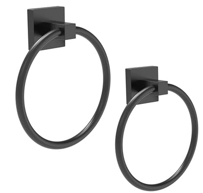 RUACQ Towel Ring, Hand Towel Holder for Bathroom Wall, Matte Black, 2 Pack | Wall Mounted Hand Towel Bar, 304 Stainless Steel Towel Hanger, Square Base, Round Towel Holder Design, Modern, Heavy Duty - color: Black, size: 2