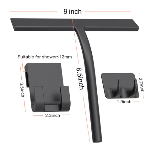 Silicone Shower Squeegee, Black, 9 inch | All-Purpose, For Shower Glass Door Window Mirror Tile Car Walls, 2 Hooks Included, Bathroom Accessories - size: 9 inch( 2hooks)