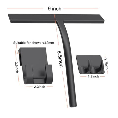 Silicone Shower Squeegee, Black, 9 inch | All-Purpose, For Shower Glass Door Window Mirror Tile Car Walls, 2 Hooks Included, Bathroom Accessories - size: 9 inch( 2hooks)