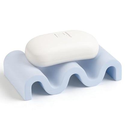 Diatomite Soap Dish Bar Soap Holder Wave Texture Sponge Tray, Blue | Quick Drying, Self Draining Design Helps Keep Bar Soap Dry for Bathroom Sink, Shower & Kitchen - color: Blue