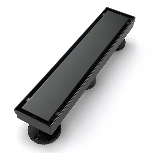 SaniteModar Linear Shower Drain 12 inch Matte Black with Tile Insert Panel | AISI 304 Stainless Steel Black Linear Dain Rectangle Shower Floor Drain with Hair Strainer and Leveling Feet - color: Black Tile Insert Grate, size: 12 Inch