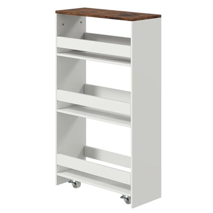 POWERSTONE 4-Tier Slim Storage Cart, Narrow Kitchen Rolling Cart w/Handle & Open Shelves, Skinny Slide Out Utility Organizer Trolley for Kitchen Bathroom Laundry Small Spaces White & Rustic Brown - color: White & Rustic