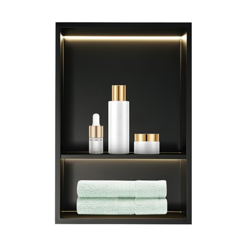 2-tier Stainless Steel Shower Niche with LED Light,12*18in Matte Black No Tile Needed Wall Vertical Niche,Embedded Wall Mount Shower Shelf for Bathroom Storage Over Mount Installation (12x18in LED) - size: 12x18in LED