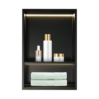 2-tier Stainless Steel Shower Niche with LED Light,12*18in Matte Black No Tile Needed Wall Vertical Niche,Embedded Wall Mount Shower Shelf for Bathroom Storage Over Mount Installation (12x18in LED) - size: 12x18in LED