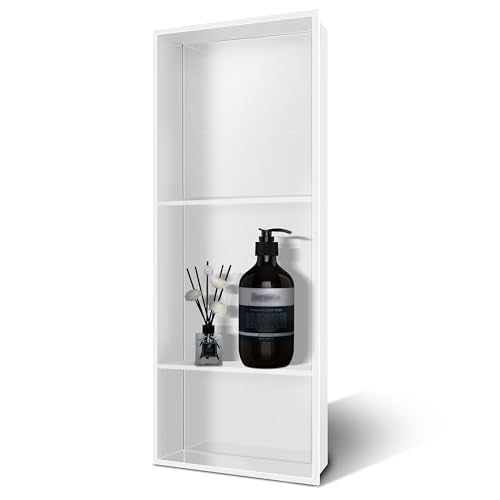 13"×31" Shower Niche 3 Shelves White Recessed Wall Niche | Stainless Steel,Recessed Shelf for Bathroom Storage,No Tile Needed Over Mount Installation,Rustproof Finished Frame - color: White, size: 31" x 12"