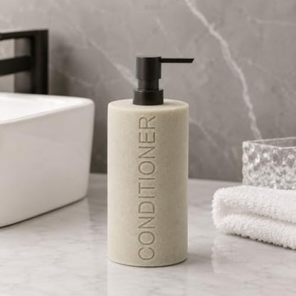 Resin Tan Sandstone Conditioner Engraved Bottle Refillable Pump Dispenser, Durable Waterproof Resin Construction for Bath, Shower - Tan Sandstone ORB Pump - color: Tan Sandstone Resin, Orb Pump - Conditioner