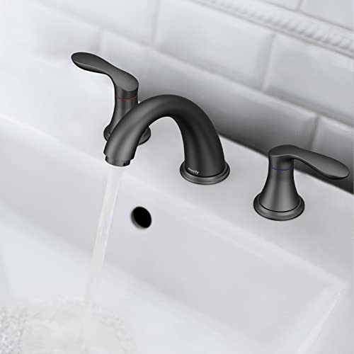 Bathroom Sink Faucet, Faucet for Bathroom Sink, Widespread Matte Black Bathroom Faucet 3 Hole with Plastic Pop Up Drain and cUPC Lead-Free Hose - (Matte Black 2 Packs) - color: Matte Black, size: 8 inch 2 packs