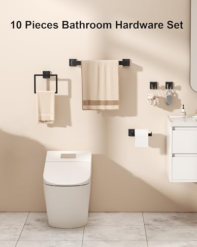 10-Piece Matte Black Bathroom Hardware Set with 16'' Towel Bar, Wall Mounted Bathroom Accessories Kit with 16" Towel Bar ×2, Toilet Paper Holders×2, Towel Rings×2, Robe Hooks×4 - color: Matte Black-16inch