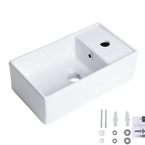 Small Wall Mount Bathroom Vessel Sink, 15.6" X 8.6" Rectangular Floating Ceramic Wash Hand Basin - White Wall Hung Vanity Sink with Overflow for Small Bathroom (Right Hand) - size: 15.6" x 8.6" x 5.1"