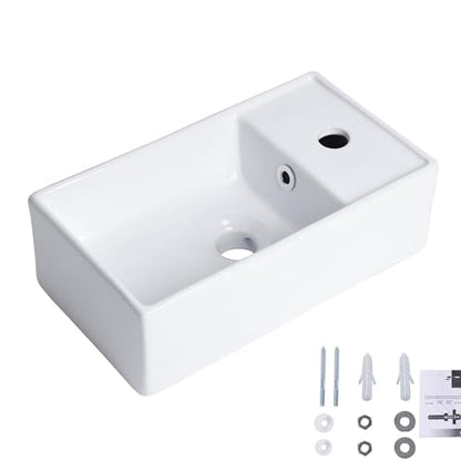 Small Wall Mount Bathroom Vessel Sink, 15.6" X 8.6" Rectangular Floating Ceramic Wash Hand Basin - White Wall Hung Vanity Sink with Overflow for Small Bathroom (Right Hand) - size: 15.6" x 8.6" x 5.1"