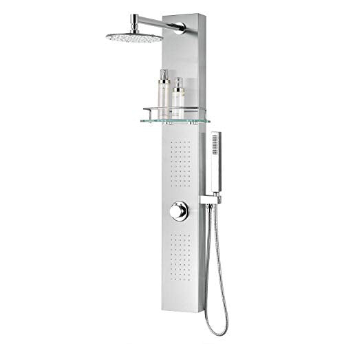 ANZZI Shower Head Panel Tower System | Coastal | Brushed Stainless Steel | Includes One 1 Field Full Body With Dual Level Deco Glass, Free-Reign Euro Grip Handheld Sprayer With 60 In. Hose - color: Brushed Steel, style: 2 Jets