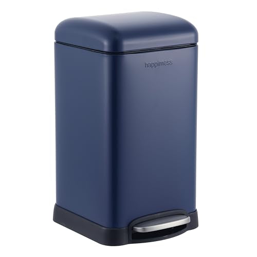 happimess Betty Retro Mini 3.2 Gal Step Trash Can, Denim Blue | Soft-Close Lid, Removable Liner, Iron, Hands-Free Pedal, Satin Finish, Non-Skid Base, Built-In Damper, Modern, Minimalistic - color: Denim Blue