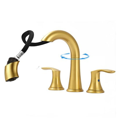 Bathroom Faucet Brushed Gold 8 Inch Certerset 3 Hole 2 Handles Faucet, BF-106B, 14 Inch Pull Down Out Sprayer Washing Pet & Cleaning, 360 Swivel Spout Widespread Coverage Vanity - color: Brushed Gold