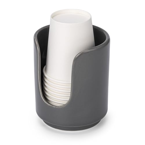 3 oz Original Ceramic Bathroom Cup Dispenser, (1 Pack, Grey) | With 5 PLA Paper Cups, Bathroom Essential Accessories for Mouthwash Holder on Bathroom Vanity Countertops - color: Grey, size: 1 Pack