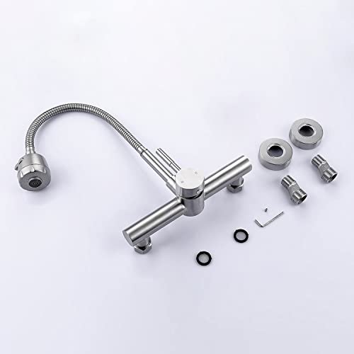 Wall Mount Faucet 8"" Center, with Flexible Hose and Dual Functional Sprayer - color: Style A, Brushed Nickle