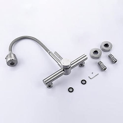 Wall Mount Faucet 8"" Center, with Flexible Hose and Dual Functional Sprayer - color: Style A, Brushed Nickle