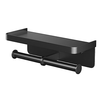 Double Toilet Paper Holder with Shelf, Commercial Toilet Paper Towel Holder Wall Mount, Tissue Roll Holder for Bathroom Kitchen RV, Double Tissue Roll Rack with Adhesive & Screw (Matte Black) - color: Black-twoside