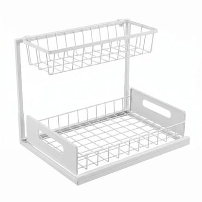 L-Shaped Under Sink Organizer, White | 2-Tier, Slide Out Cabinet Storage, Solid Metal Handles - color: White