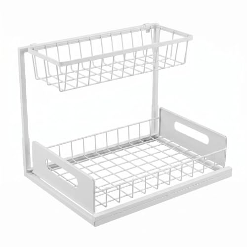 L-Shaped Under Sink Organizer, White | 2-Tier, Slide Out Cabinet Storage, Solid Metal Handles - color: White