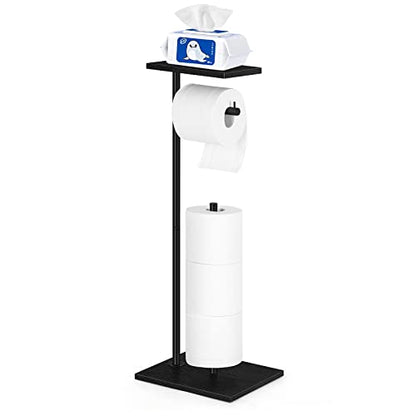 Black Toilet Paper Holder Stand FreeStanding Toilet Paper Storage Holder with Shelf Bathroom Floor Toilet Paper Roll Holder Stand Up Tissue Toilet Paper Dispenser Holds 4 Reserve Rolls - color: Black
