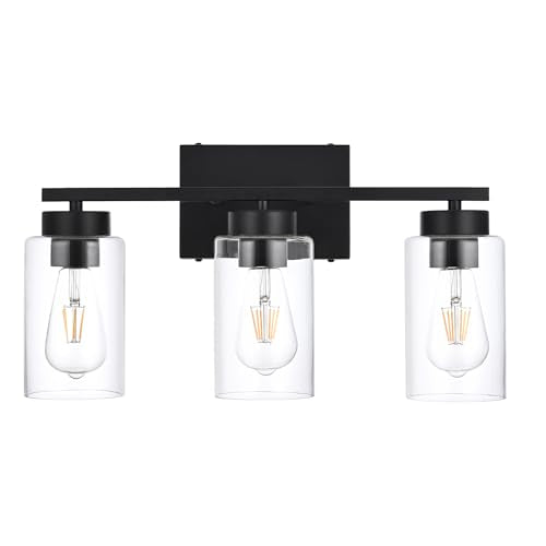 3-Light Bathroom Vanity Light, Modern Black Wall Lights with Clear Glass Shades, Bathroom Wall Sconce Lamp for Mirror Living Room Bedroom Hallway - color: 3 Light Black-Small